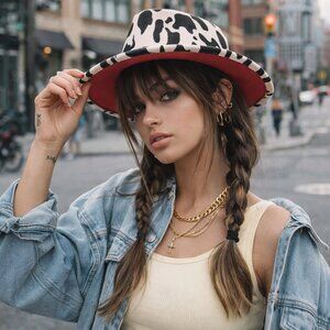 Western Look Cow Print Fedora Felt Hat Red Bottom for Women NWT